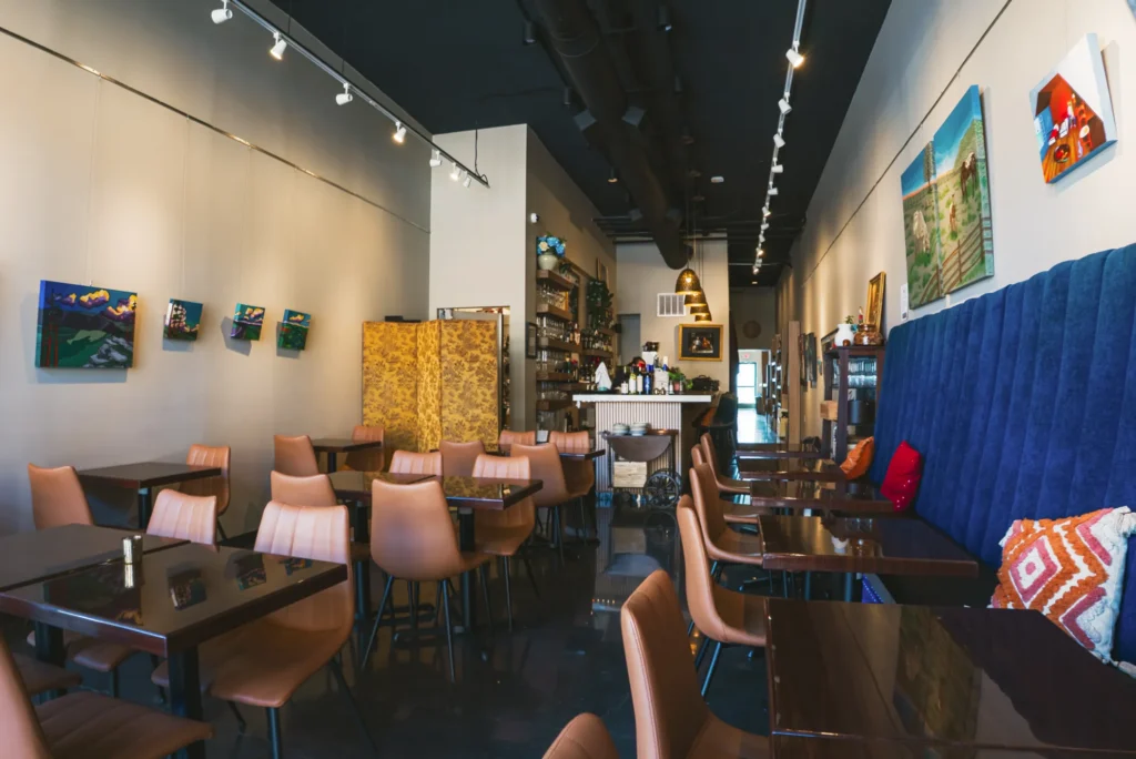 Interior dining room of Vinicola Wine Bar in Front Royal, Virginia.
